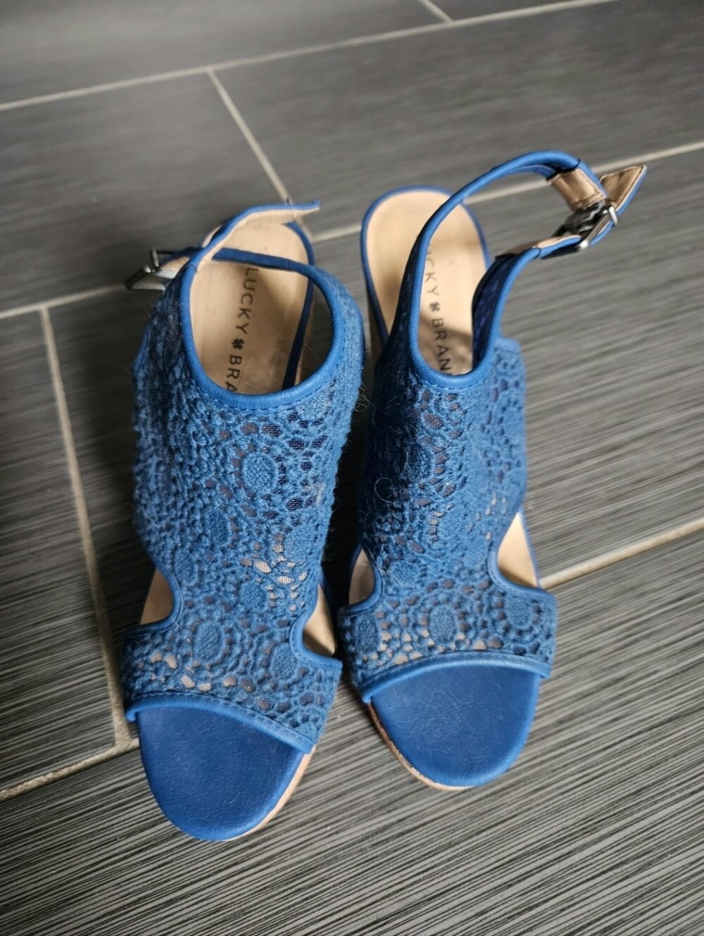 Lucky Brand Cobalt Blue Lace Cork Wedge Sandals